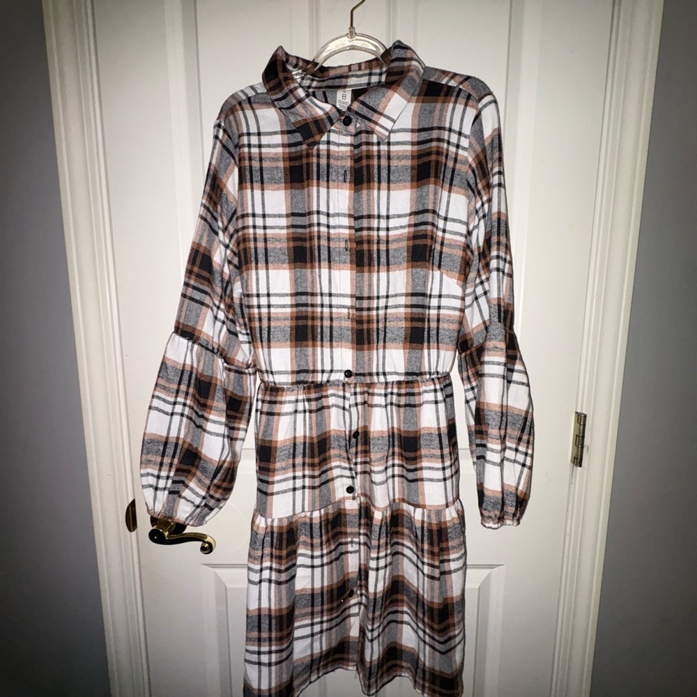 Amazon Plaid Midi Dress - Black, White, Brown